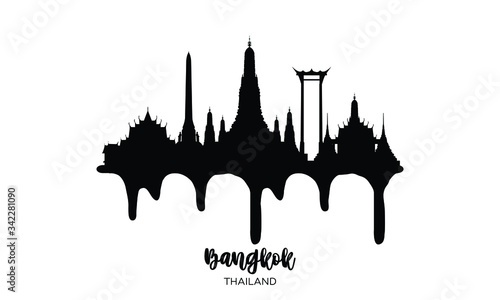 Bangkok Thailand black skyline silhouette vector illustration on white background with dripping ink effect.
