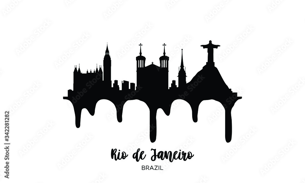 Rio de Janeiro Brazil black skyline silhouette vector illustration on white background with dripping ink effect.