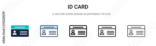 Id card icon in filled, thin line, outline and stroke style. Vector illustration of two colored and black id card vector icons designs can be used for mobile, ui, web