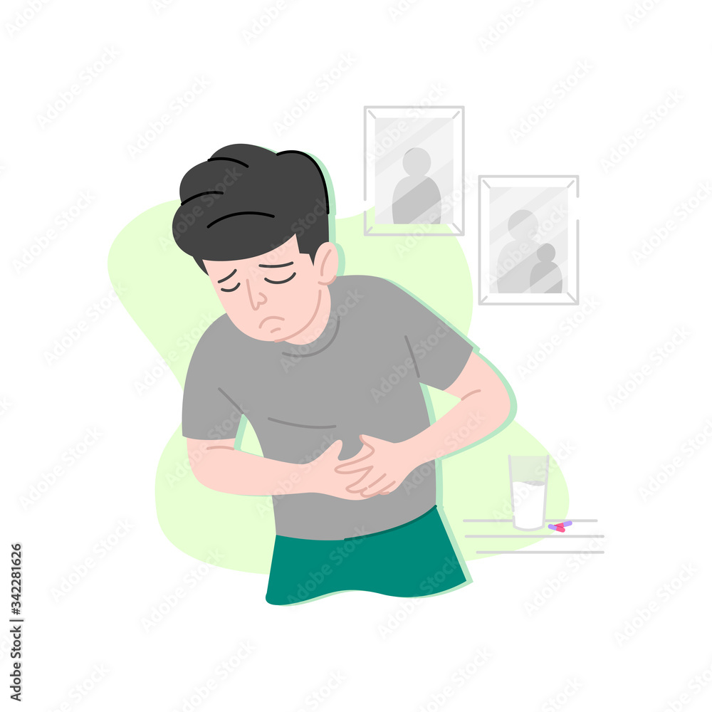 A MAN IS FEELING STOMACH PAIN AND TOUCHING HIS STOMACH WITH TWO HAND