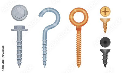 Metal Screws with Steel Bolts and Nails Vector Set