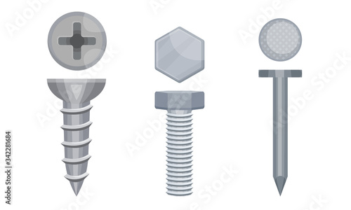 Metal Screws with Steel Bolts and Nails Vector Set