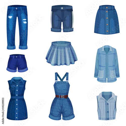 Denim Blue Clothing Items as Womenswear with Denim Shorts and Jeans Vector Set © Happypictures