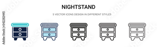 Nightstand icon in filled, thin line, outline and stroke style. Vector illustration of two colored and black nightstand vector icons designs can be used for mobile, ui, web
