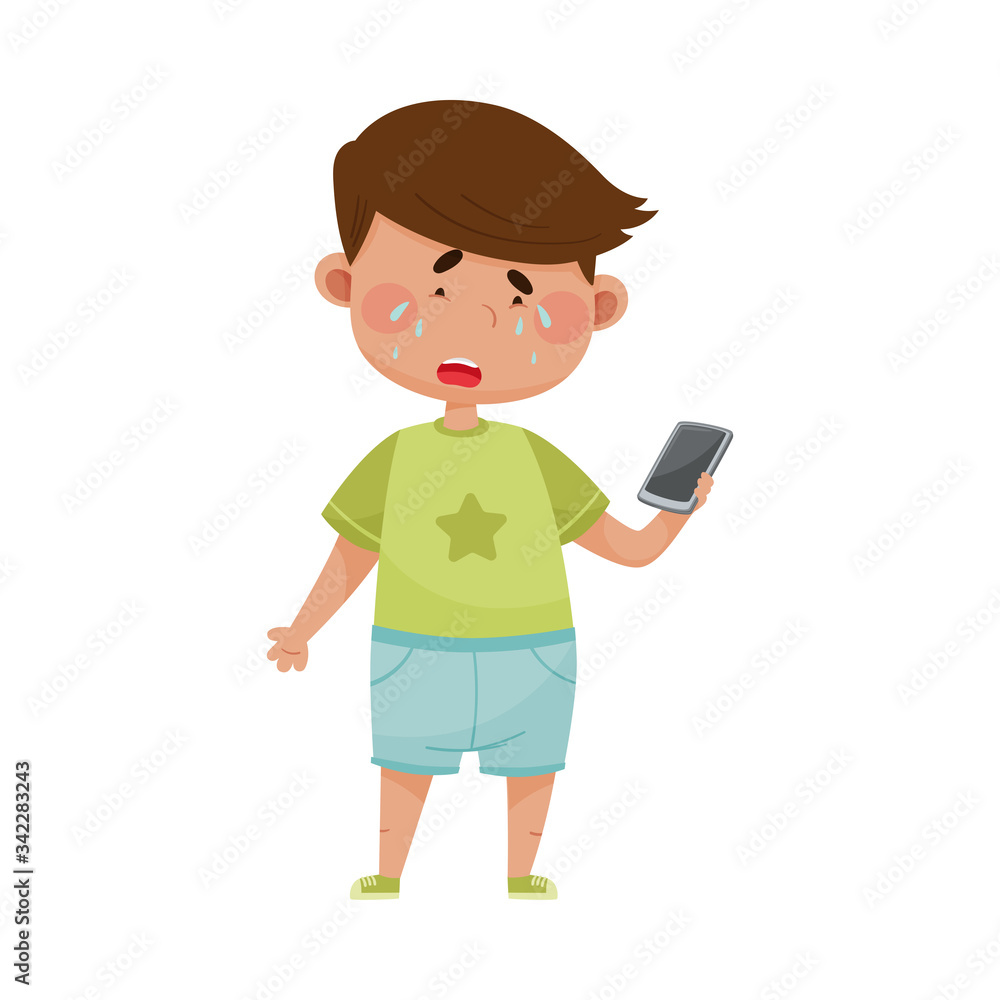 Little Boy Standing with Smartphone in His Hand and Crying Out Loud Vector Illustration