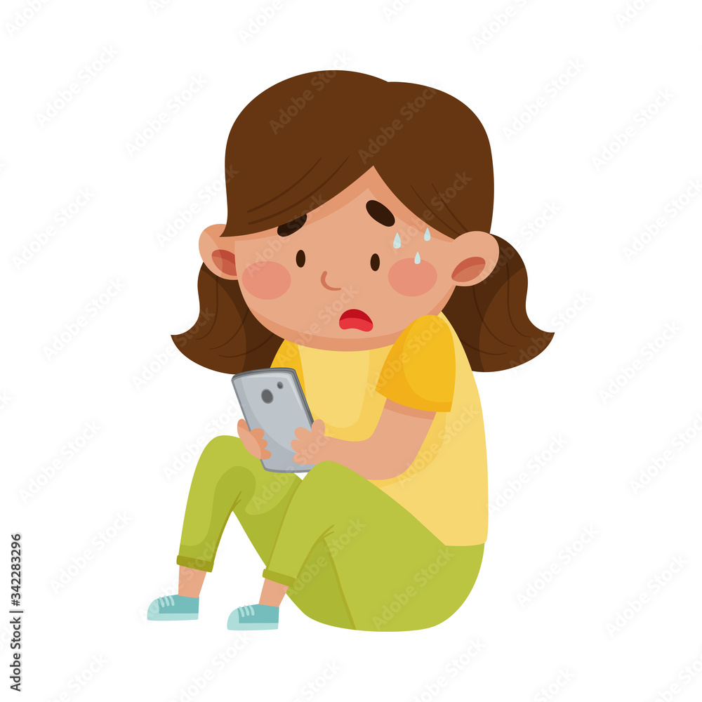 Little Girl Sitting with Smartphone in Her Hand and Confused Face Expression Vector Illustration Little Girl Sitting with Smartphone in Her Hand and Confused Face Expression Vector Illustration