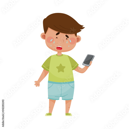 Little Boy Standing with Smartphone in His Hand and Crying Out Loud Vector Illustration