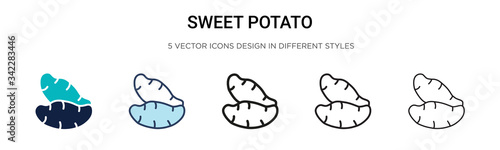 Sweet potato icon in filled, thin line, outline and stroke style. Vector illustration of two colored and black sweet potato vector icons designs can be used for mobile, ui, web