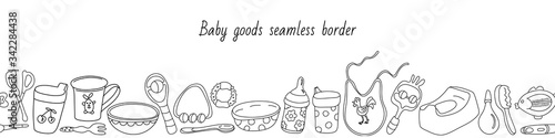 Vector seamless border with baby goods on white background. Bottles, rattles, sippy cups, teether, fork, hair brush, nail scissors, bibs, thermometers, spoons, bowls. Doodle style, black ink.