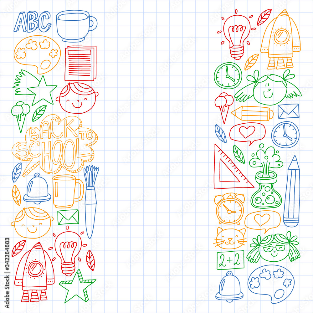 Back to school icons for posters, banners, covers. Kids, children education. Internet lessons, e-learning, online course. Vector pattern.