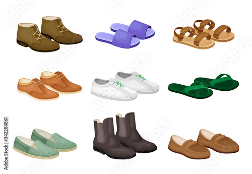 Men Shoes and Sandals Made of Leather and Textile Vector Set