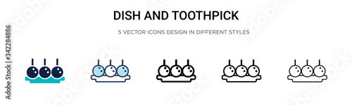 Dish and toothpick icon in filled, thin line, outline and stroke style. Vector illustration of two colored and black dish and toothpick vector icons designs can be used for mobile, ui, web