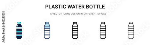 Plastic water bottle icon in filled, thin line, outline and stroke style. Vector illustration of two colored and black plastic water bottle vector icons designs can be used for mobile, ui, web