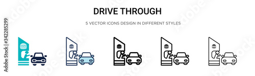 Drive through icon in filled, thin line, outline and stroke style. Vector illustration of two colored and black drive through vector icons designs can be used for mobile, ui, web