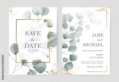 Watercolor eucalyptus wedding invitation card in gold frame with gold powder Beautiful white card background. Set card template.