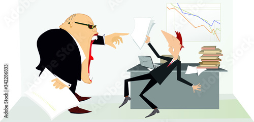 Angry boss and employee man illustration. Angry chief scolds his employee man and points her get out from the office
