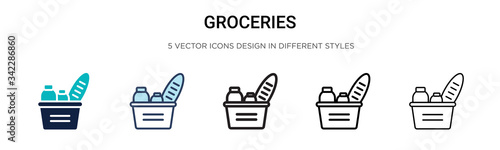 Groceries icon in filled, thin line, outline and stroke style. Vector illustration of two colored and black groceries vector icons designs can be used for mobile, ui, web