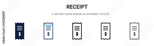 Receipt icon in filled, thin line, outline and stroke style. Vector illustration of two colored and black receipt vector icons designs can be used for mobile, ui, web