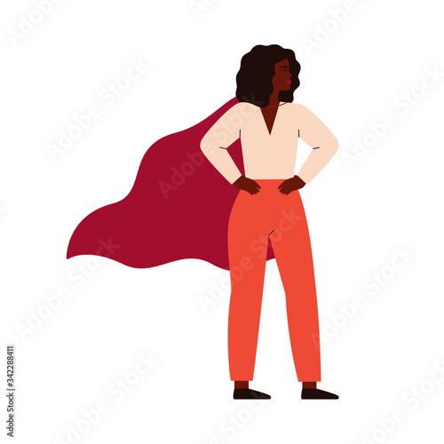 Strong superhero black woman wearing cape. Feminism concept, girl power. Inspirational and motivational female character. Vector illustration in flat cartoon style.