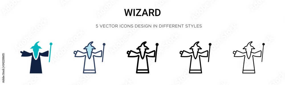 Wizard icon in filled, thin line, outline and stroke style. Vector illustration of two colored and black wizard vector icons designs can be used for mobile, ui, web