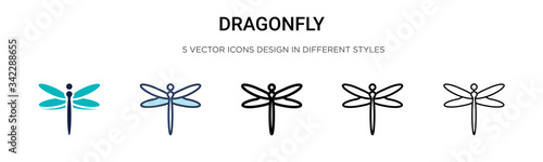Dragonfly icon in filled, thin line, outline and stroke style. Vector illustration of two colored and black dragonfly vector icons designs can be used for mobile, ui, web