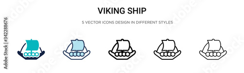 Viking ship icon in filled, thin line, outline and stroke style. Vector illustration of two colored and black viking ship vector icons designs can be used for mobile, ui, web