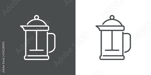 Icono plano lineal cafetera de pistón en fondo gris y fondo blanco