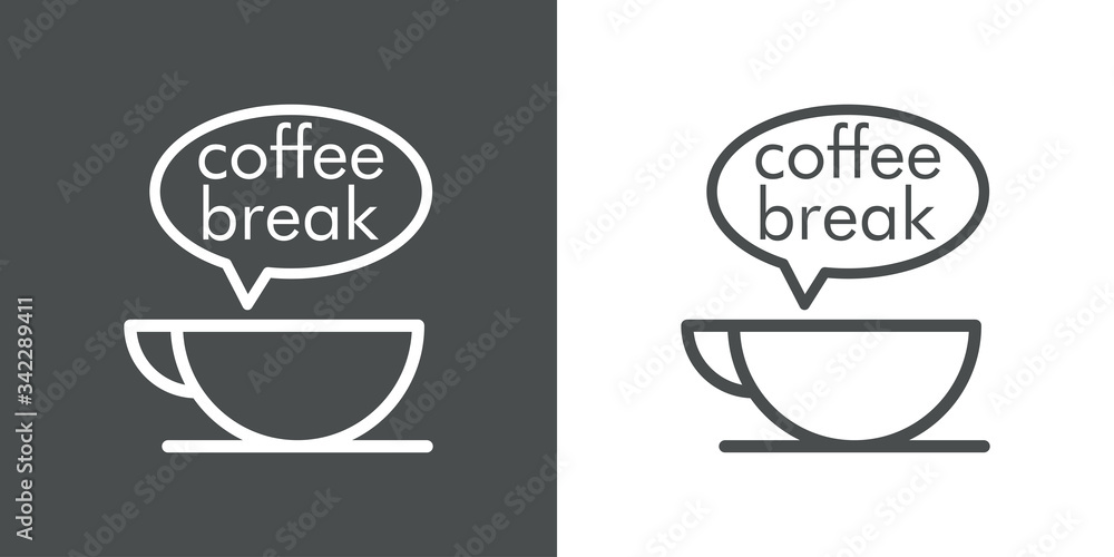Icono plano lineal con texto coffee break en globo de habla con taza de café en fondo gris y fondo blanco Icono plano lineal con texto coffee break en globo de habla con taza de café en fondo gris y fondo blanco