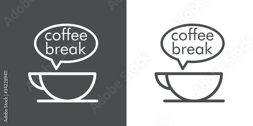 Icono plano lineal con texto coffee break en globo de habla con taza de café en fondo gris y fondo blanco