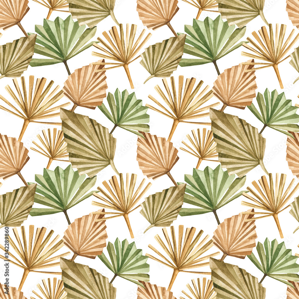 Watercolor seamless pattern with dry palm leaves on a white background.