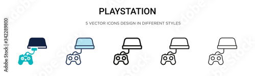 Playstation icon in filled, thin line, outline and stroke style. Vector illustration of two colored and black playstation vector icons designs can be used for mobile, ui, web