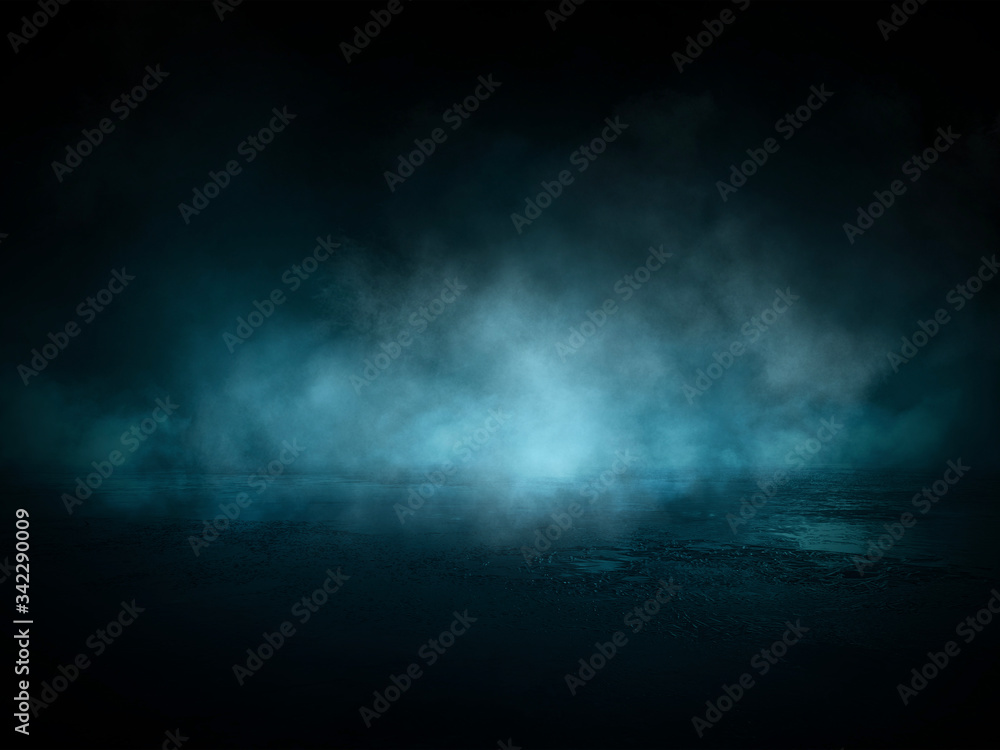 Dark street, wet asphalt, reflections of rays in the water. Abstract dark blue background, smoke, smog. Empty dark scene, neon light, spotlights. Concrete floor Dark street, wet asphalt, reflections of rays in the water. Abstract dark blue background, smoke, smog. Empty dark scene, neon light, spotlights. Concrete floor