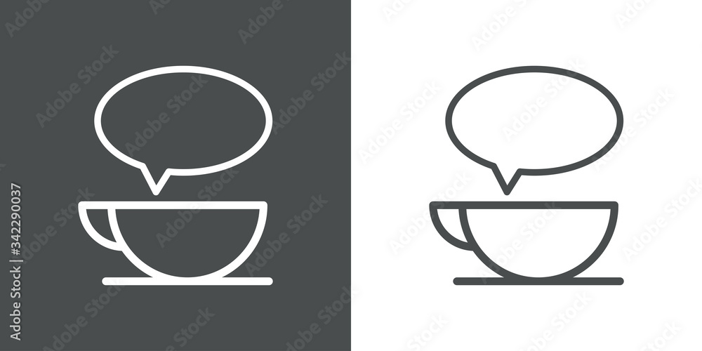 Icono plano lineal con globo de habla con taza de café en fondo gris y fondo blanco