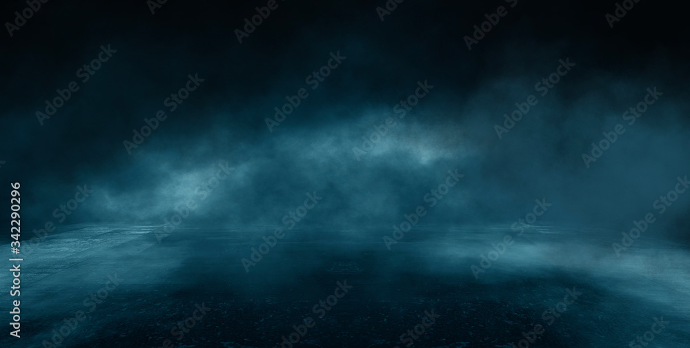 Dark street, wet asphalt, reflections of rays in the water. Abstract dark blue background, smoke, smog. Empty dark scene, neon light, spotlights. Concrete floor