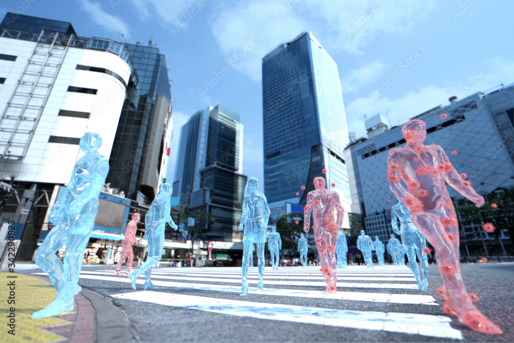 Fototapeta premium グラスクリーチャー グラスヒューマン ウイルス コロナウイルス 感染 Coronavirus 3d infection cg 密接 密集 渋谷 スクランブル交差点 ガラスの人間 ビジネスシーン ビジネス街 オフィス 3DCG