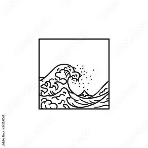 Print op canvas Great Wave Off Kanagawa after Hokusai vector line icon