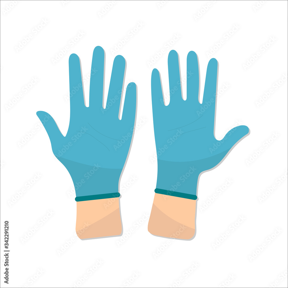 The nurse or doctor wears blue disposable gloves. Flat design.Vector illustration stock. Hands putting on protective blue gloves. Coronavirus and self protective concept. Latex gloves as a symbol The nurse or doctor wears blue disposable gloves. Flat design.Vector illustration stock. Hands putting on protective blue gloves. Coronavirus and self protective concept. Latex gloves as a symbol