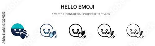 Hello emoji icon in filled, thin line, outline and stroke style. Vector illustration of two colored and black hello emoji vector icons designs can be used for mobile, ui, web