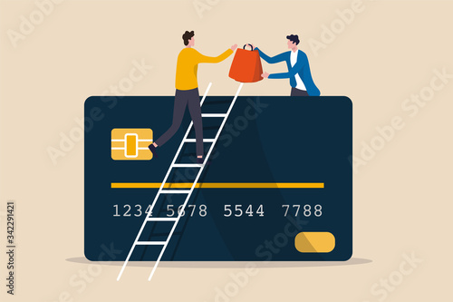 Electronic payment for online shopping, credit or debit card payment order via e-commerce website concept, customer on ladder above credit card get all shopping bags from shop owner, online payment