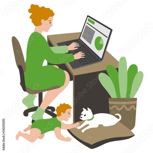 Young mom working from home. A Millennial Generation woman working on a laptop, with a baby crawling on the floor playing with a small puppy.