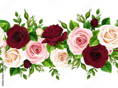 Vector horizontal seamless border with burgundy  pink and white roses on a white background.
