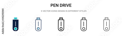 Pen drive icon in filled, thin line, outline and stroke style. Vector illustration of two colored and black pen drive vector icons designs can be used for mobile, ui, web