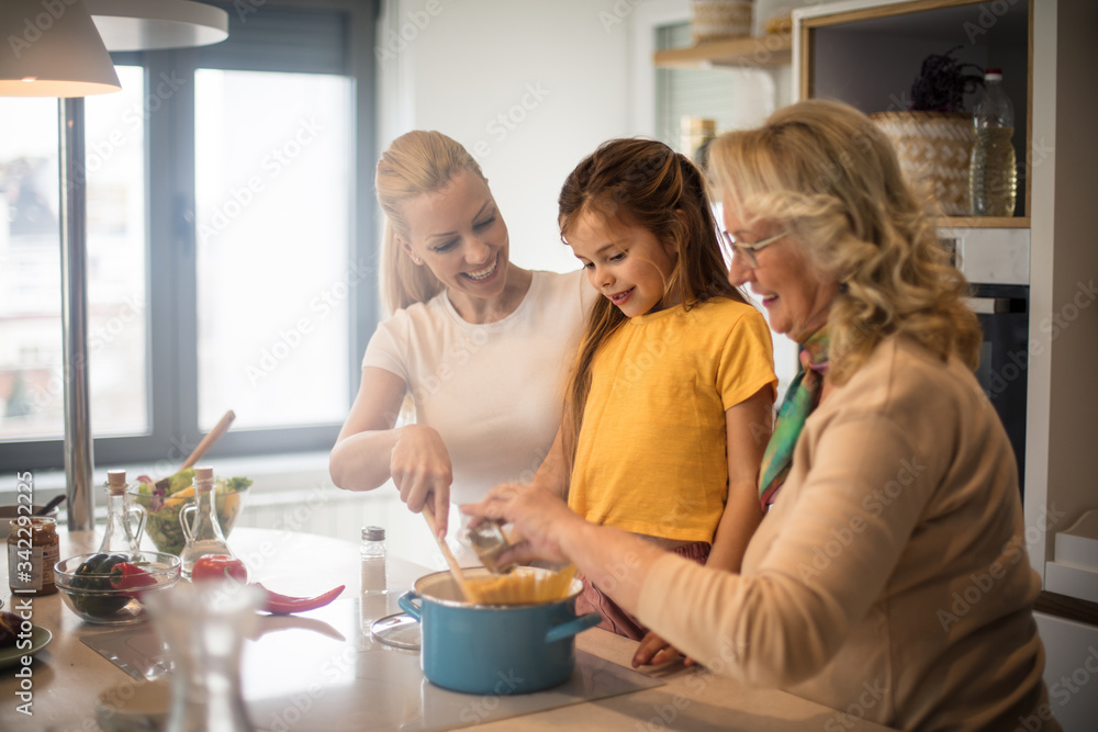 Learns from mom and grandma. Learns from mom and grandma.