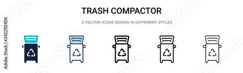 Trash compactor icon in filled, thin line, outline and stroke style. Vector illustration of two colored and black trash compactor vector icons designs can be used for mobile, ui, web