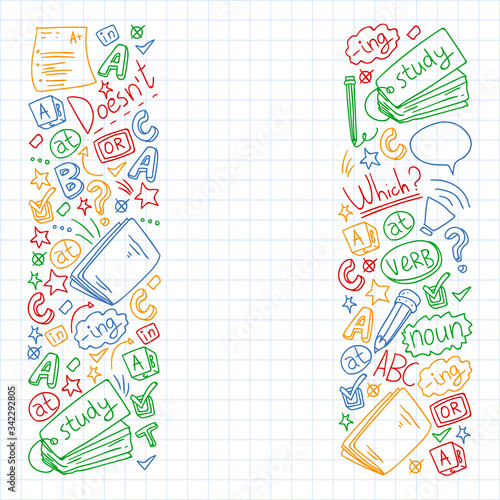 English courses. Doodle vector concept illustration of learning english language.