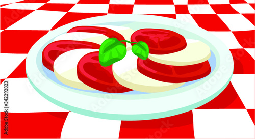 caprese salad mozarella tomato italian food on plate italy traditional cuisine on red and white table cloth