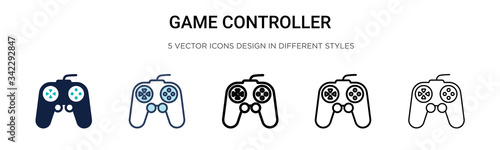 Game controller icon in filled, thin line, outline and stroke style. Vector illustration of two colored and black game controller vector icons designs can be used for mobile, ui, web