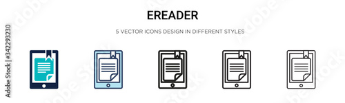 Ereader icon in filled, thin line, outline and stroke style. Vector illustration of two colored and black ereader vector icons designs can be used for mobile, ui, web photo