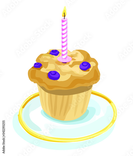 blueberry muffin dessert icon cake cupcake with birthday candle fire food sweet on plate isolated on white background