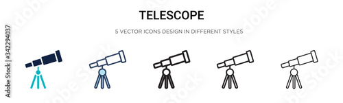 Telescope icon in filled, thin line, outline and stroke style. Vector illustration of two colored and black telescope vector icons designs can be used for mobile, ui, web